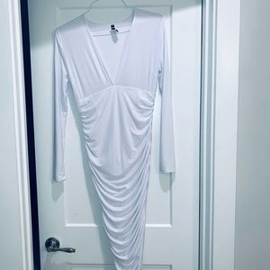 Benigna White Deep V-Neck Ruched Midi Dress – Chic Couture